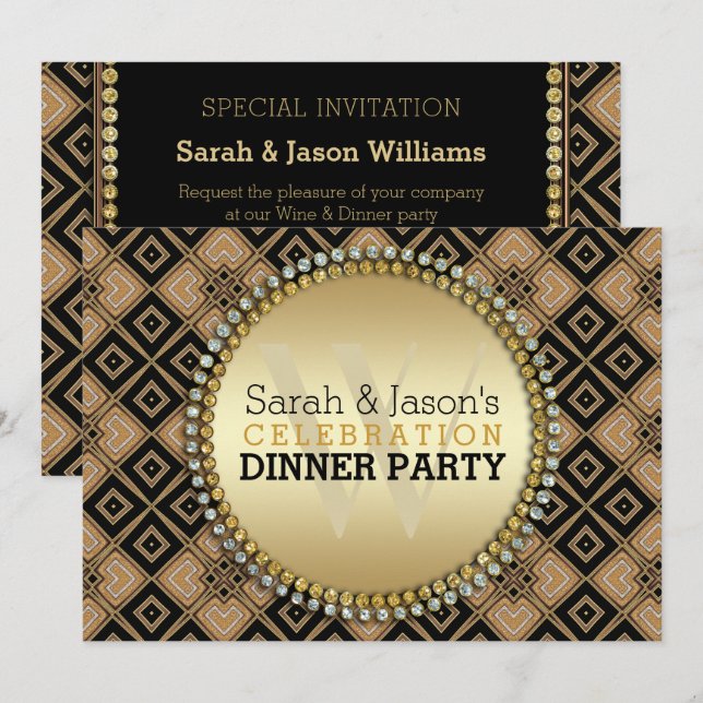 Invitación Patrón geométrico Art Deco Fiesta de Cena dorada n (Anverso / Reverso)