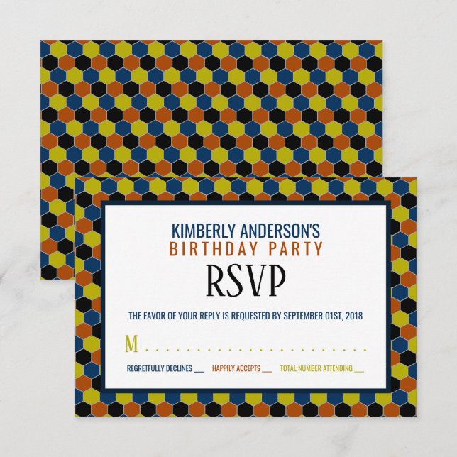Invitación Patrón geométrico brillante, RSVP de cumpleaños mo (Anverso / Reverso)