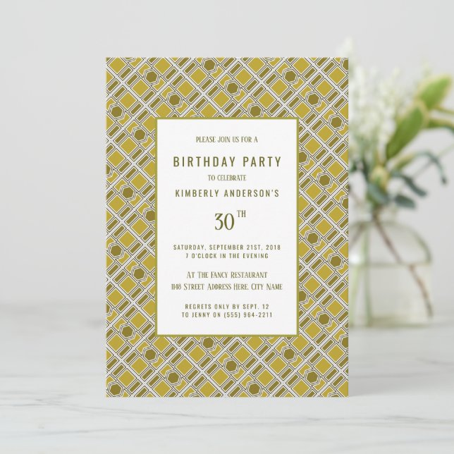 Invitación Patrón geométrico dorado, fiesta de cumpleaños mod (Anverso de pie)