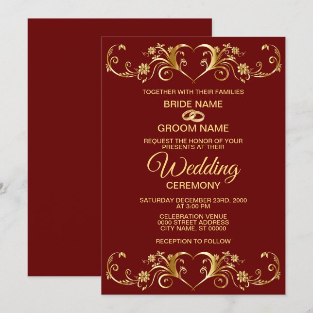 Invitación Patrón geométrico dorado rojo boda elegante (Anverso / Reverso)