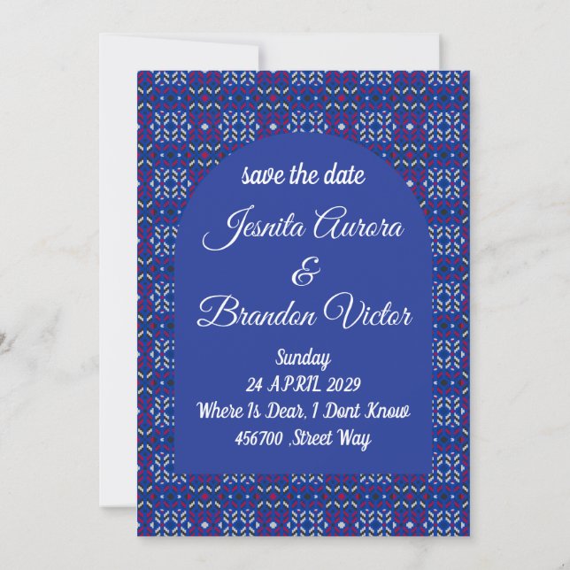 Invitación Patrón geométrico tradicional de píxeles en azul p (Reverso)