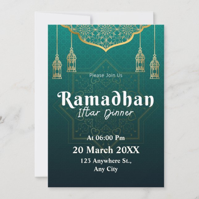 Invitación Patrón geométrico verde y blanco de Ramadan  (Anverso)