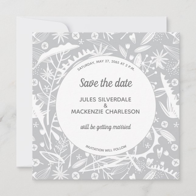 Invitación Patrón gris plateado botánico Guardar la fecha (Anverso)