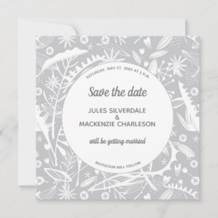 Invitación Patrón gris plateado botánico Guardar la fecha