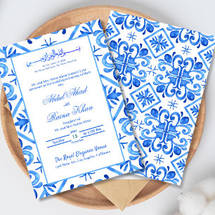 Invitación Patrón Islámico de Boda Marroquí Azul y Blanco