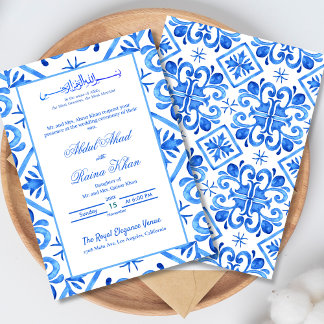 Invitación Patrón Islámico de Boda Marroquí Azul y Blanco