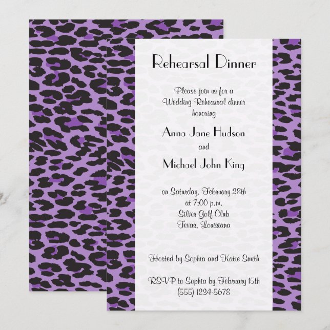 Invitación Patrón leopardo, leopardo púrpura, cena de ensayo (Anverso / Reverso)