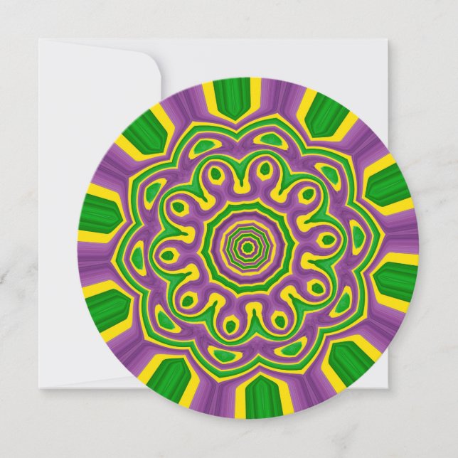 Invitación Patrón mardi gras verde morado amarillo Mandala (Anverso)