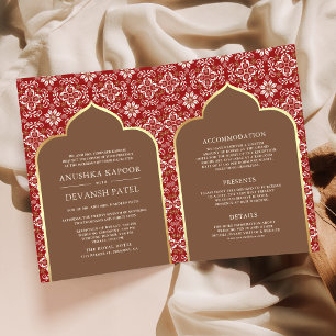 Invitación Patrón marrón rojizo todo en uno en una boda india