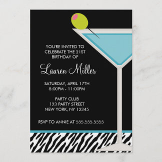 Invitación Patrón Martini y Zebra de color turquesa