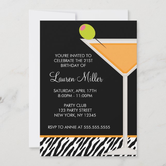 Invitación Patrón Martini y Zebra Naranja (Anverso)