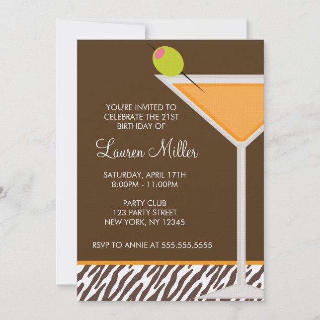 Invitación Patrón Martini y Zebra Naranja (Anverso)