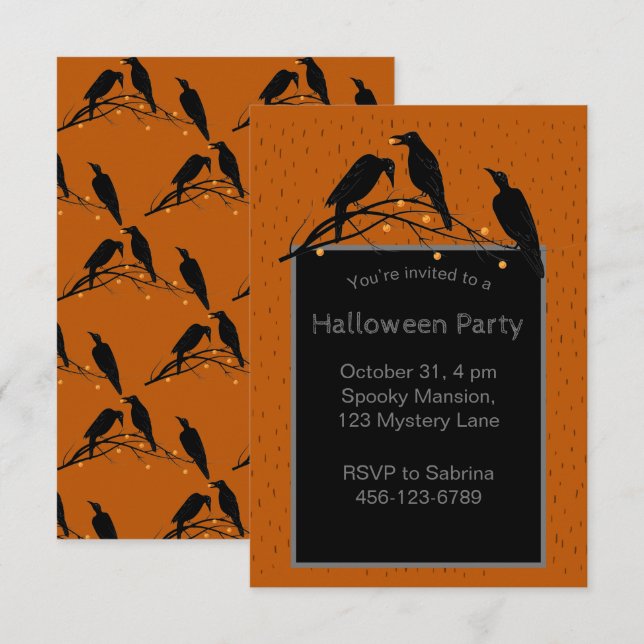 Invitación Patrón Minimalista de Ravens Negros de Halloween (Anverso / Reverso)