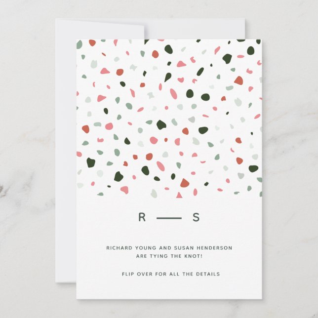 Invitación Patrón minimo moderno Terrazzo Boda rosa verde (Anverso)