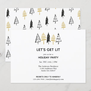 Invitación Patrón moderno de árbol de Navidad negro y dorado