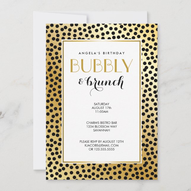 Invitación Patrón moderno de puntos de polka negro y dorado (Anverso)