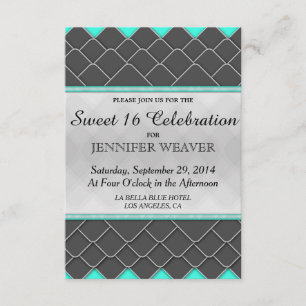 Invitación Patrón moderno elegante negro, blanco y neón turqu