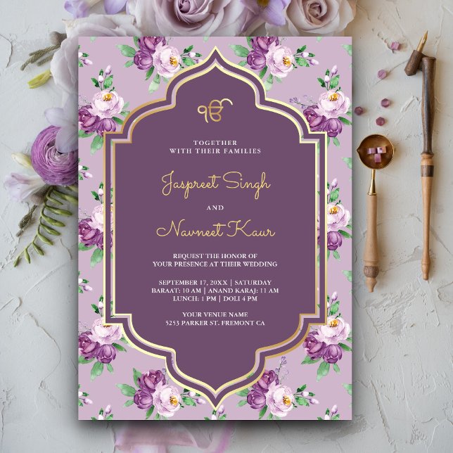 Invitación Patrón morado floral Anand Karaj Sikh Boda (Subido por el creador)