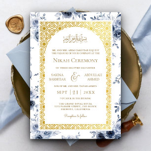 Invitación Patrón Musulmán de Boda Floral Azul Polvoriento Do