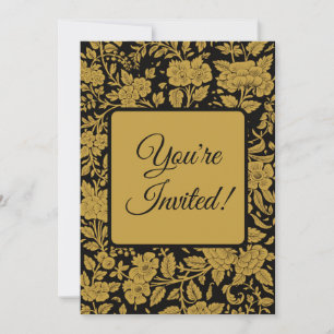 Invitación Patrón negro de flores de oro antiguo indio lacado