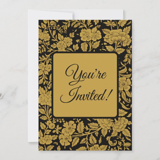 Invitación Patrón negro de flores de oro antiguo indio lacado (Anverso)