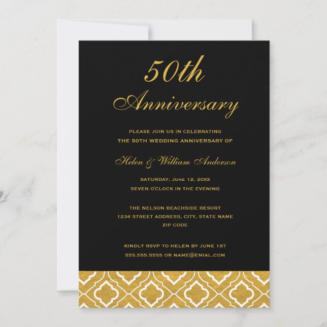 Invitación Patrón negro dorado 50 aniversario de bodas (Anverso)