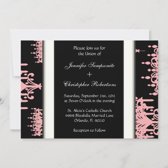 Invitación Patrón negro y rosa de candelabro de Damasco negro (Anverso)