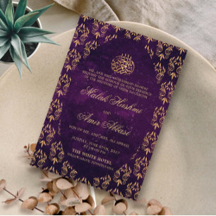 Invitación Patrón ornato de oro boda musulmán púrpura