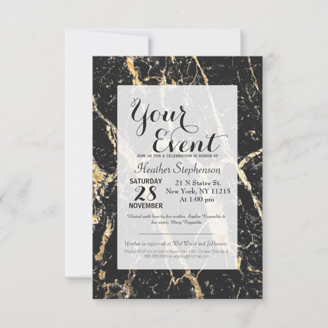Invitación Patrón oro y mármol negro de Moda (Anverso)