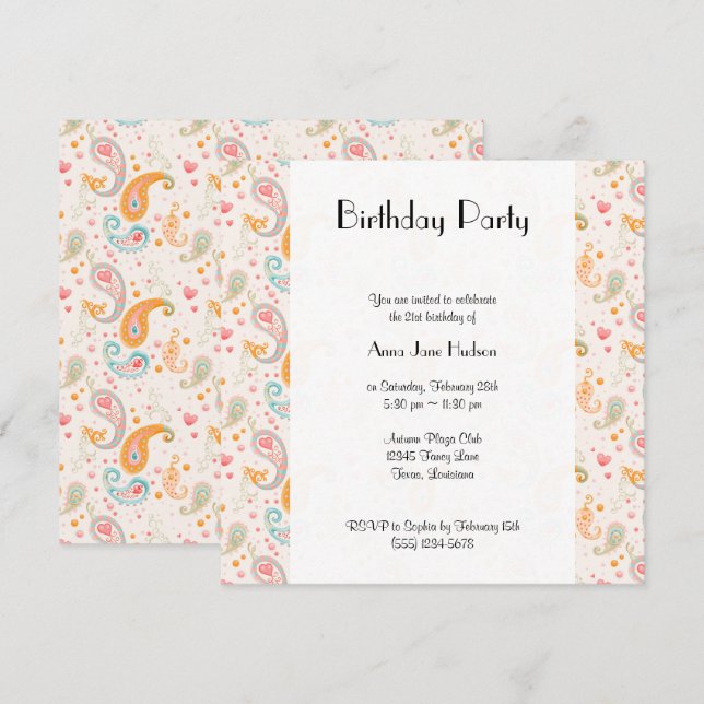 Invitación Patrón Paisley, Paisley persa, Boteh, Cumpleaños (Anverso / Reverso)