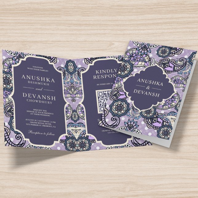Invitación Patrón paisley púrpura Código QR Boda indio (Subido por el creador)