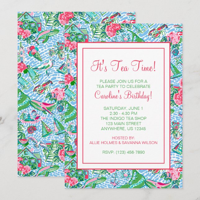 Invitación Patrón Preppy de Palm Beach de Nantucket (Anverso / Reverso)