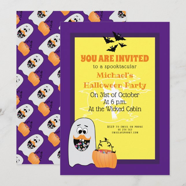 Invitación Patrón púrpura de calabaza fantasma de Halloween (Anverso / Reverso)