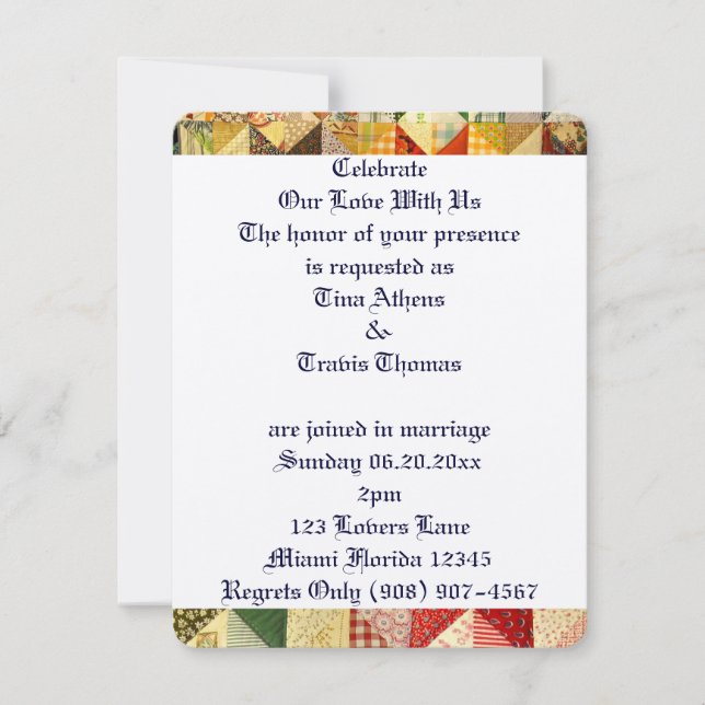 Invitación Patrón Quilt Amor Boda Novia Groom Paz (Anverso)