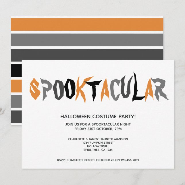 Invitación Patrón rayado de Fiesta Spooktacular de Halloween (Anverso / Reverso)