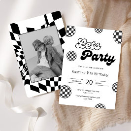 Invitación Patrón Retro Negro Y Blanco Chequeado Cumpleaños