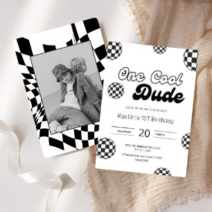 Invitación Patrón retro negro y blanco controlado Primer cump