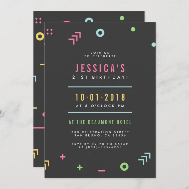 Invitación Patrón retro y moderna tipografía Fiesta de cumple (Anverso / Reverso)
