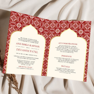 Invitación Patrón Rojo de Marfil Todo en Uno Boda India