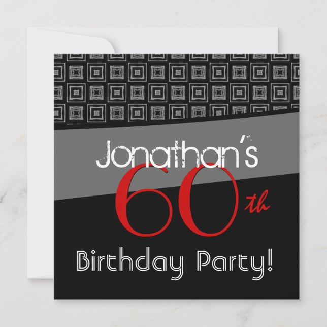 Invitación Patrón rojo negro gris de cumpleaños número 60 (Anverso)
