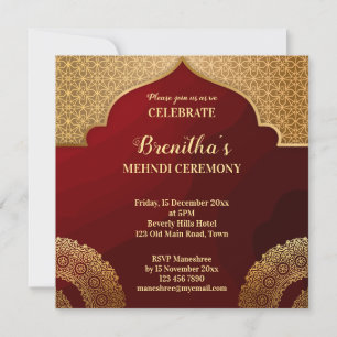 Invitación Patrón rojo y oro árabe mandala mehndi indio