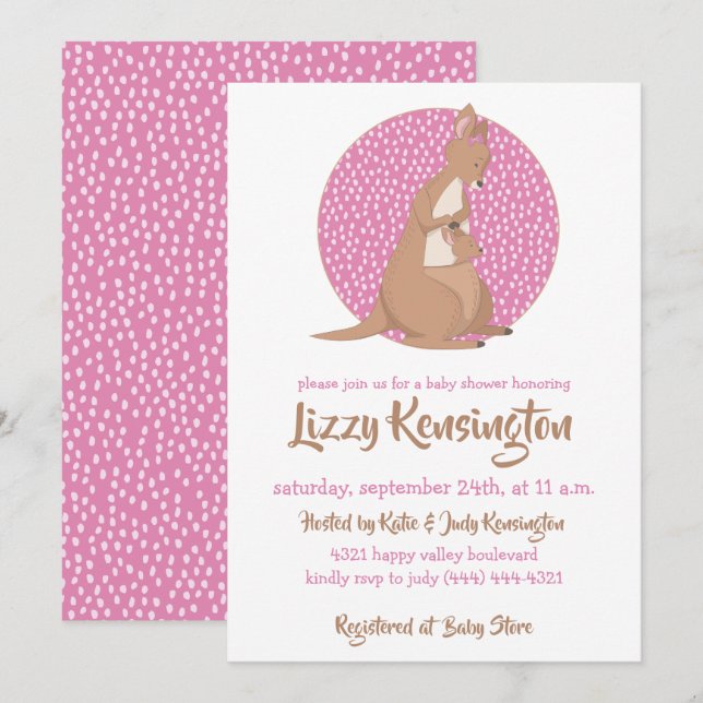 Invitación Patrón rosa canguro bebé niña ducha (Anverso / Reverso)
