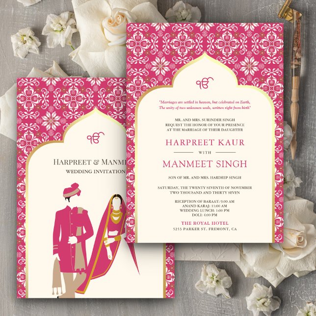 Invitación Patrón rosa de Ivory Rani Anand Karaj Sikh Boda (Subido por el creador)
