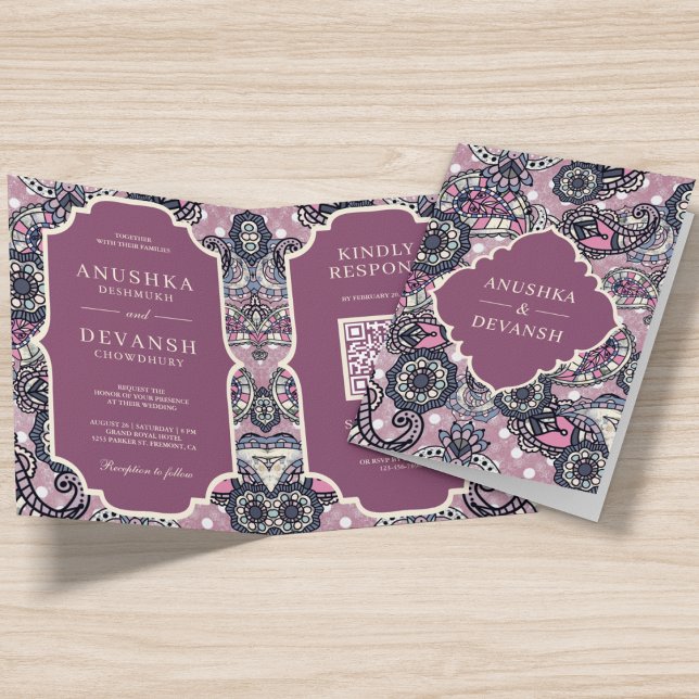 Invitación Patrón rosa Paisley Código QR Código Boda indio (Subido por el creador)