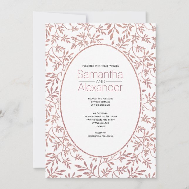 Invitación patrón Rosa purpurina de oro de hojas boda de moda (Anverso)