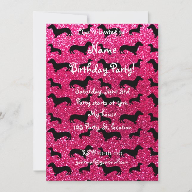Invitación Patrón rosa rosado de purpurina dachshund (Anverso)