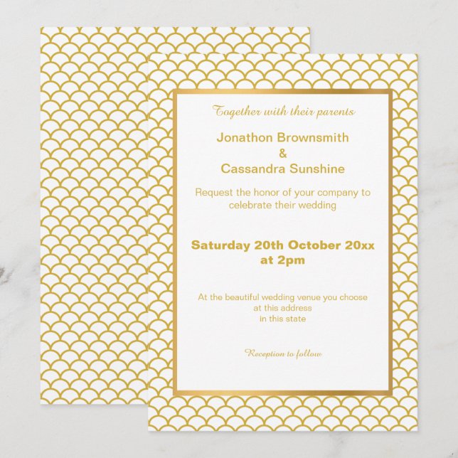 INVITACIÓN PATRÓN SIMPLE Y ELEGANTE DE ESCALA MERMAID DE ORO  (Anverso / Reverso)