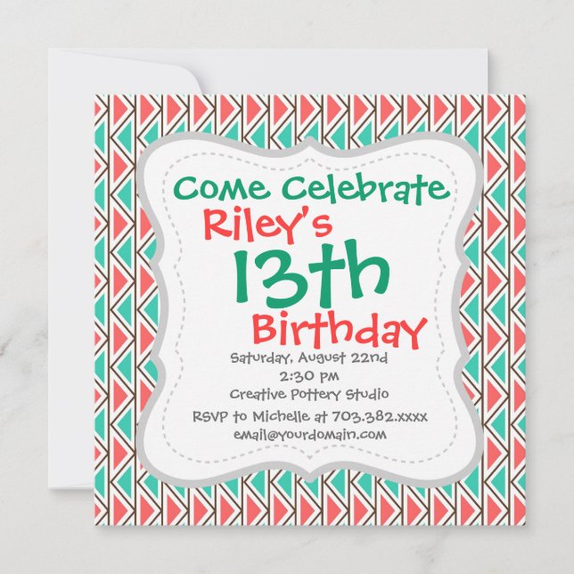 Invitación Patrón triangular azteca rosa y turquesa (Anverso)