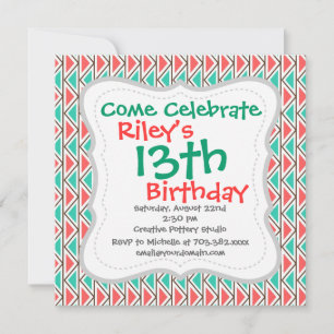 Invitación Patrón triangular azteca rosa y turquesa