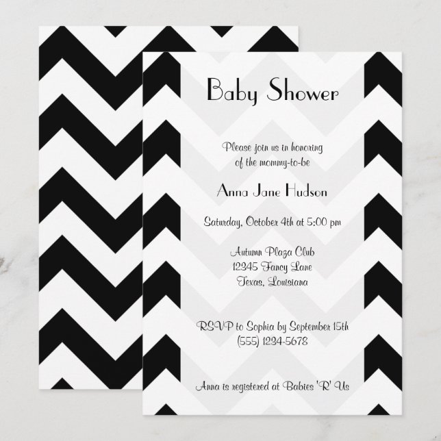 Invitación Patrón Zigzag blanco y negro, Baby Shower (Anverso / Reverso)